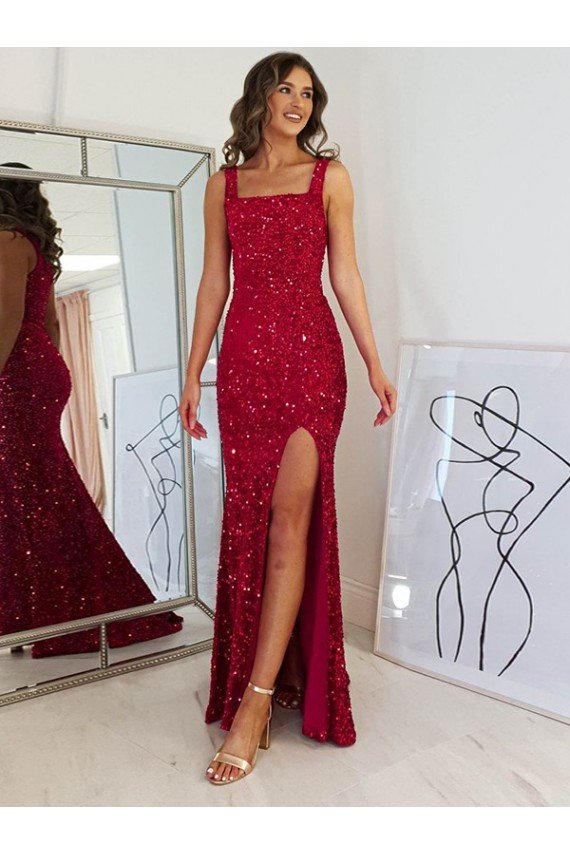 Burgundy Sheath Square Sleeveless Long Floor Length Velvet Sequin Prom Dress UK