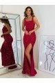 Burgundy Sheath Square Sleeveless Long Floor Length Velvet Sequin Prom Dress UK