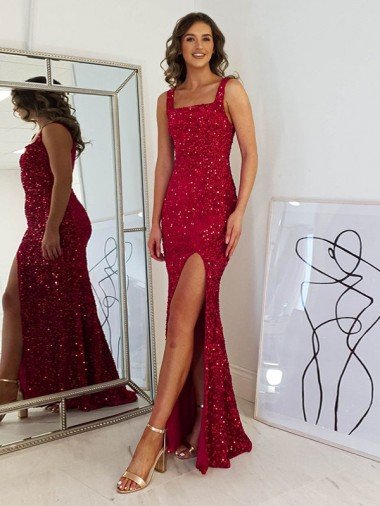 Burgundy Sheath Square Sleeveless Long Floor Length Velvet Sequin Prom Dress UK