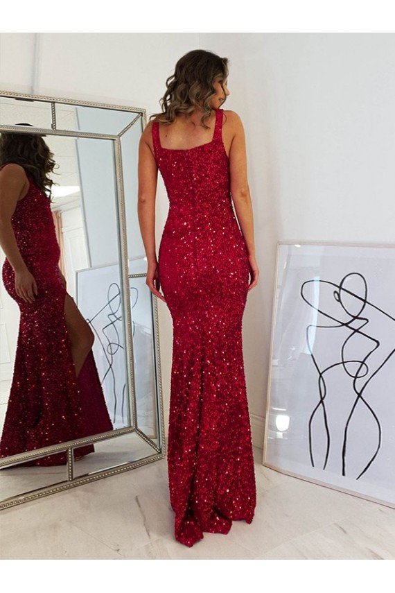 Burgundy Sheath Square Sleeveless Long Floor Length Velvet Sequin Prom Dress UK