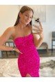 Fuchsia Sheath Strapless Sleeveless Long Sweep Train Velvet Sequin Prom Dress UK