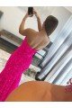 Fuchsia Sheath Strapless Sleeveless Long Sweep Train Velvet Sequin Prom Dress UK