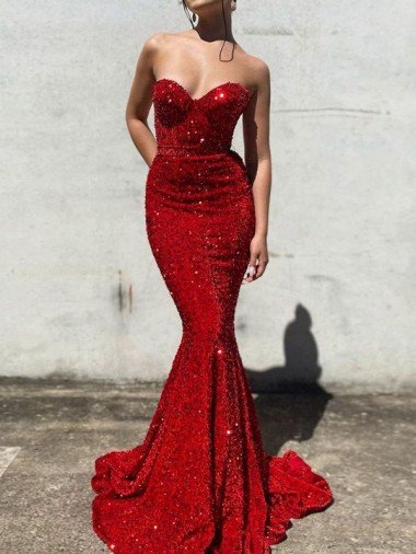 Burgundy Mermaid Sweetheart Sleeveless Long Court Train Velvet Sequin Prom Dress UK