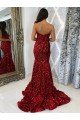 Burgundy Sheath Sweetheart Sleeveless Long Court Train Velvet Sequin Prom Dress UK