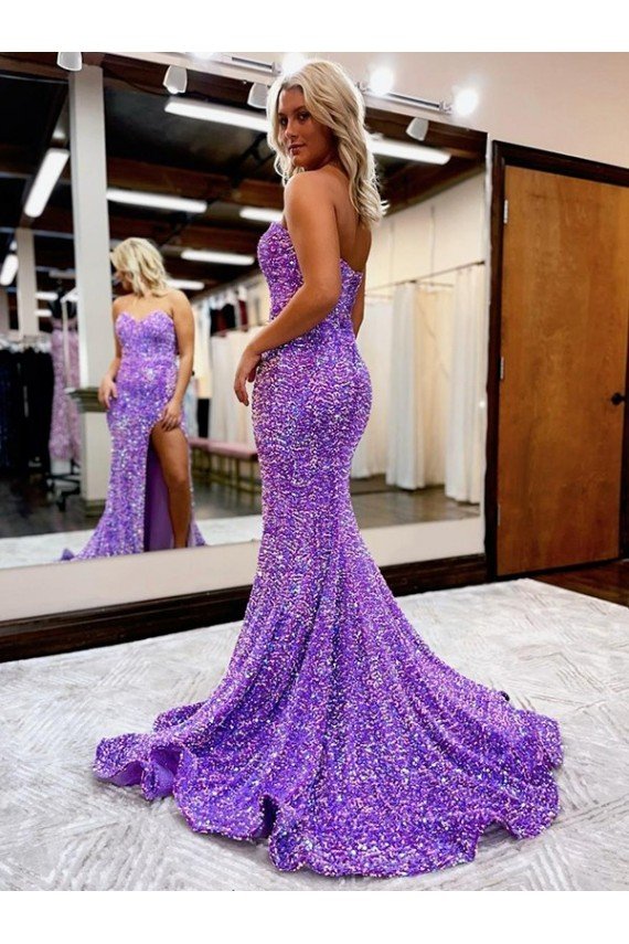 Lavender A-Line Sweetheart Sleeveless Long Court Train Velvet Sequin Prom Dress UK