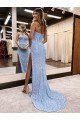 Blue Sheath Sweetheart Sleeveless Long Court Train Velvet Sequin Prom Dress UK