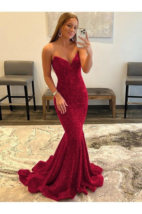 Burgundy Sheath Sweetheart Sleeveless Long Sweep Train Velvet Sequin Prom Dress UK