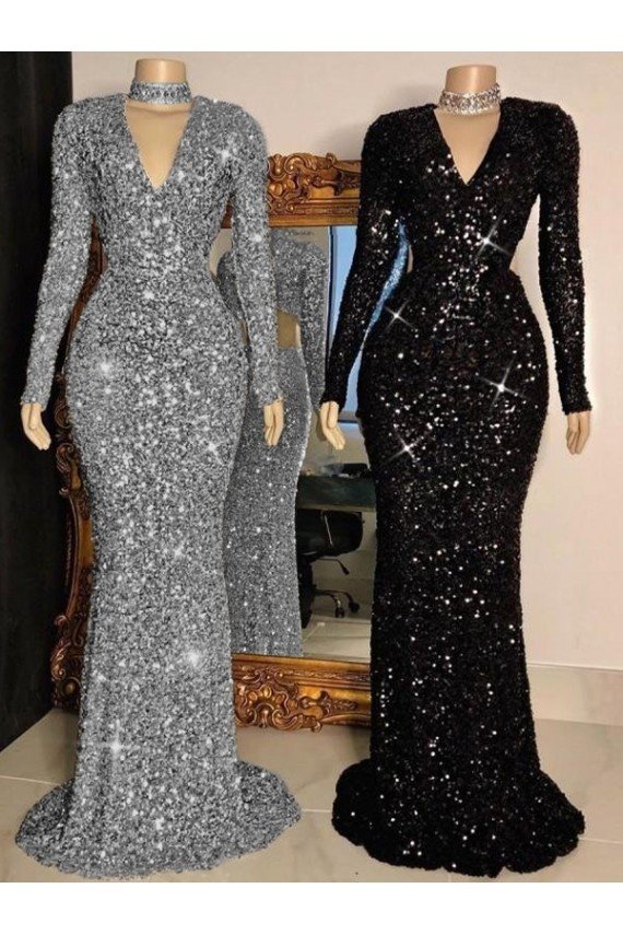 Black Sheath V-Neck Long Sleeves Long Sweep Train Velvet Sequin Prom Dress UK