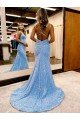 Periwinkle Sheath V-Neck Sleeveless Long Sweep Train Velvet Sequin Prom Dress UK