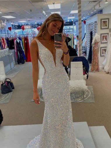 Sheath V-Neck Sleeveless Long Velvet Sequin Prom Dress with Sweep Train UK