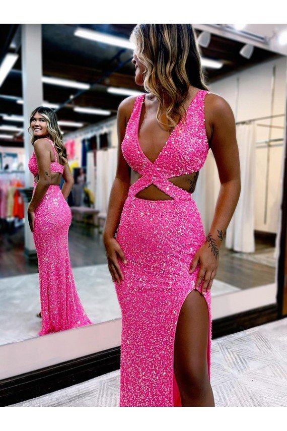 Sheath Long V-Neck Sleeveless Sweep Train Velvet Sequin Prom Dress UK
