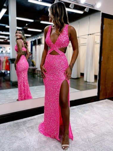 Sheath Long V-Neck Sleeveless Sweep Train Velvet Sequin Prom Dress UK