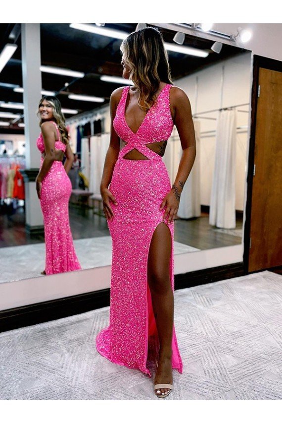 Sheath Long V-Neck Sleeveless Sweep Train Velvet Sequin Prom Dress UK