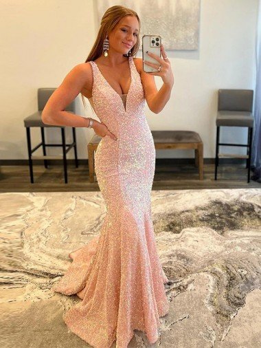 Sheath V-Neck Sleeveless Long Sweep Train Velvet Sequin Prom Dress UK