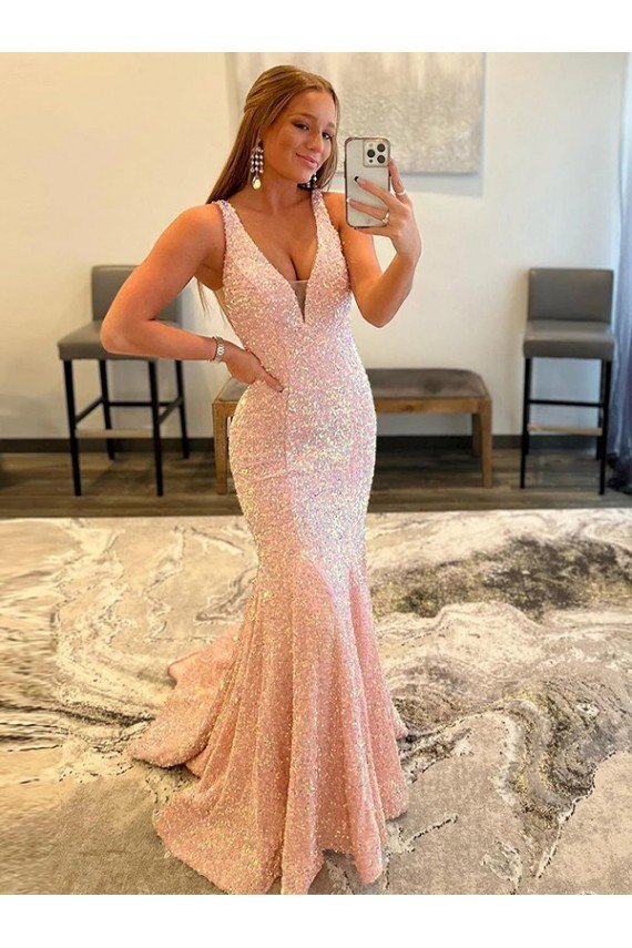 Sheath V-Neck Sleeveless Long Sweep Train Velvet Sequin Prom Dress UK