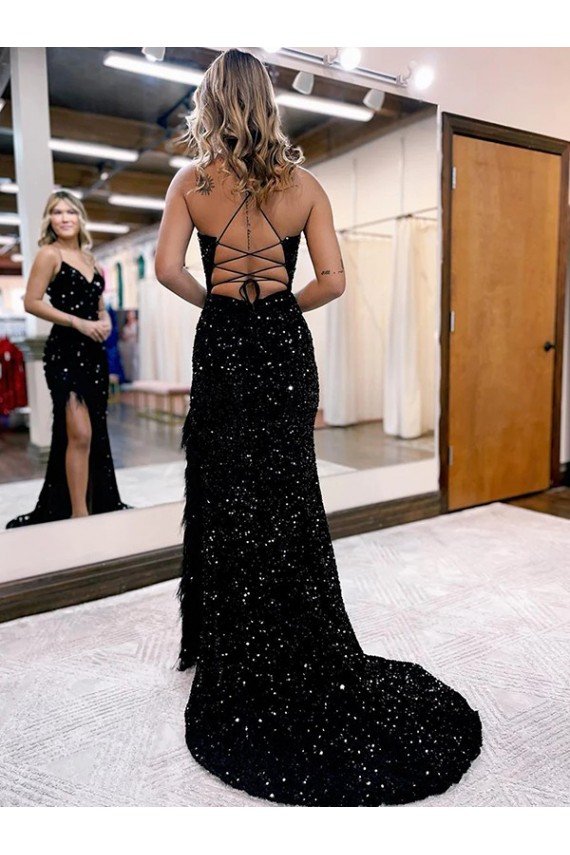 Royal Blue V-Neck Sleeveless Long Sweep Train Velvet Sequin Prom Dress UK
