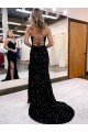 Royal Blue V-Neck Sleeveless Long Sweep Train Velvet Sequin Prom Dress UK