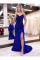 Royal Blue V-Neck Sleeveless Long Sweep Train Velvet Sequin Prom Dress UK