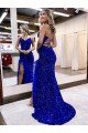 Royal Blue V-Neck Sleeveless Long Sweep Train Velvet Sequin Prom Dress UK