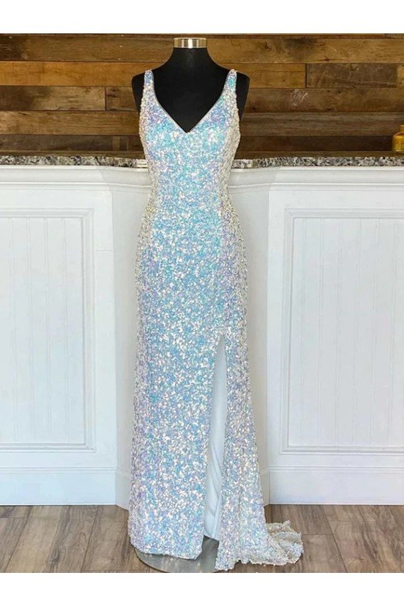 White Sheath V-Neck Sleeveless Long Sweep Train Velvet Sequin Prom Dress UK