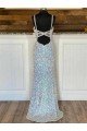 White Sheath V-Neck Sleeveless Long Sweep Train Velvet Sequin Prom Dress UK