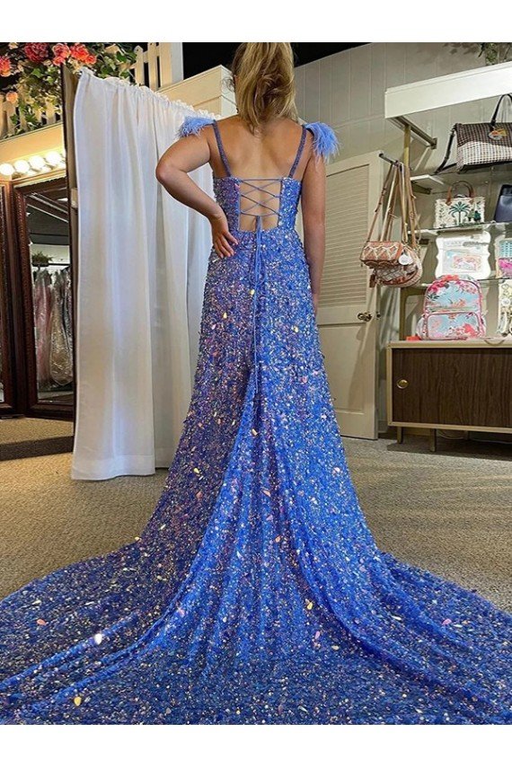 Blue A-Line V-Neck Sleeveless Long Court Train Velvet Sequin Prom Dress UK