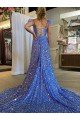 Blue A-Line V-Neck Sleeveless Long Court Train Velvet Sequin Prom Dress UK