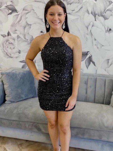 Black Sheath Halter Sleeveless Short Velvet Sequin Prom Dress UK