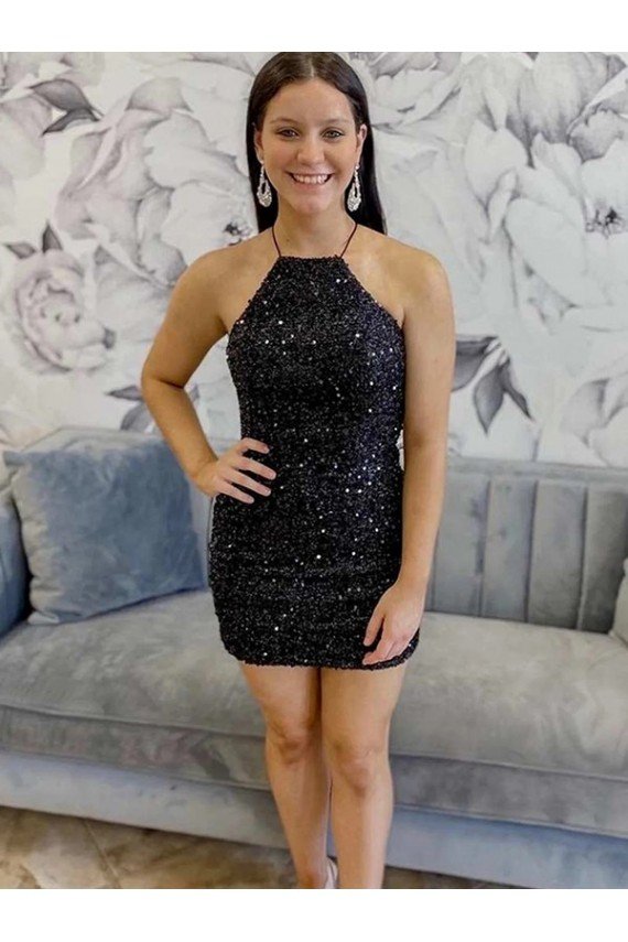 Black Sheath Halter Sleeveless Short Velvet Sequin Prom Dress UK