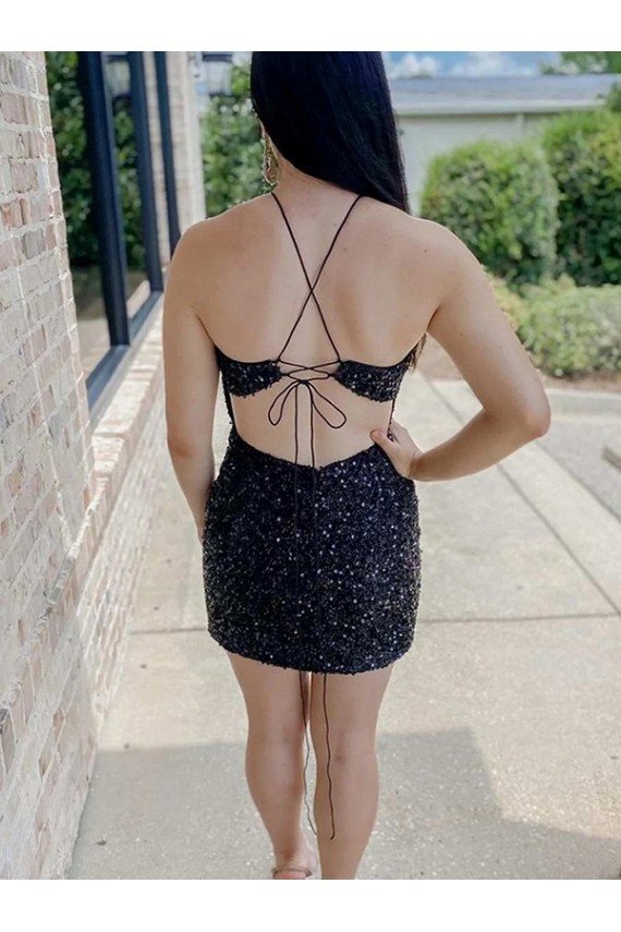 Black Sheath Halter Sleeveless Short Velvet Sequin Prom Dress UK