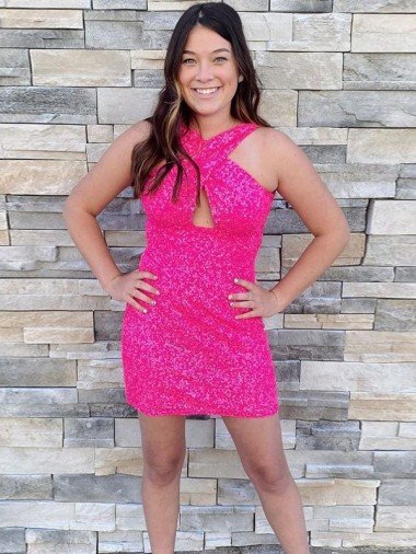 Fuchsia Sheath Halter Sleeveless Short Velvet Sequin Prom Dress UK
