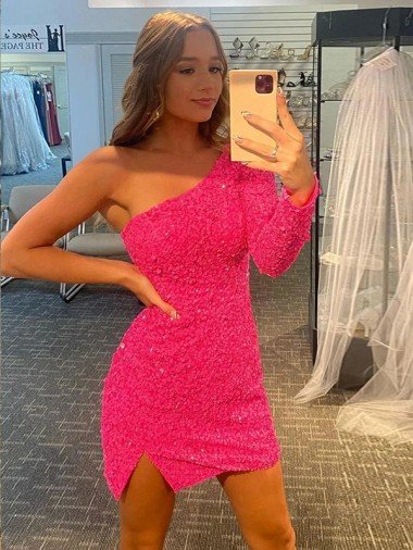 One Shoulder Long Sleeves Short Velvet Sequin Prom Dress UK