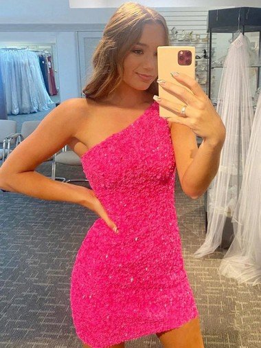 One Shoulder Sheath Sleeveless Short Velvet Sequin Prom Dress UK