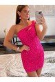 Fuchsia Sheath One Shoulder Sleeveless Short Velvet Sequin Prom Dress UK