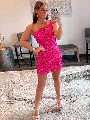 Fuchsia Sheath One Shoulder Sleeveless Short Velvet Sequin Prom Dress UK