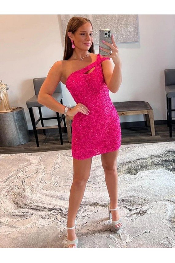 Fuchsia Sheath One Shoulder Sleeveless Short Velvet Sequin Prom Dress UK