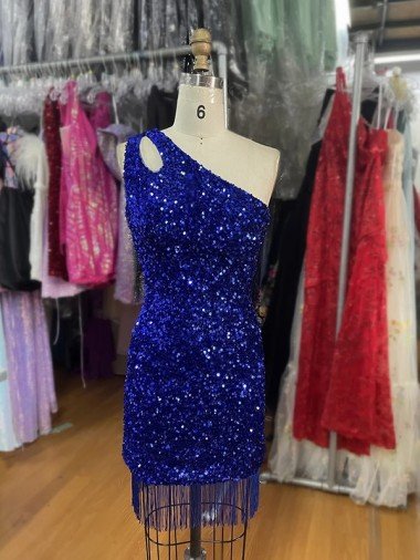 Royal Blue Sheath One Shoulder Sleeveless Short Velvet Sequin Prom Dress UK