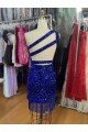 Royal Blue Sheath One Shoulder Sleeveless Short Velvet Sequin Prom Dress UK