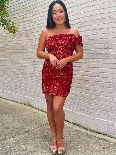 Burgundy Sheath One Shoulder Sleeveless Short Velvet Sequin Prom Dress UK