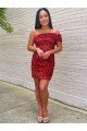 Burgundy Sheath One Shoulder Sleeveless Short Velvet Sequin Prom Dress UK