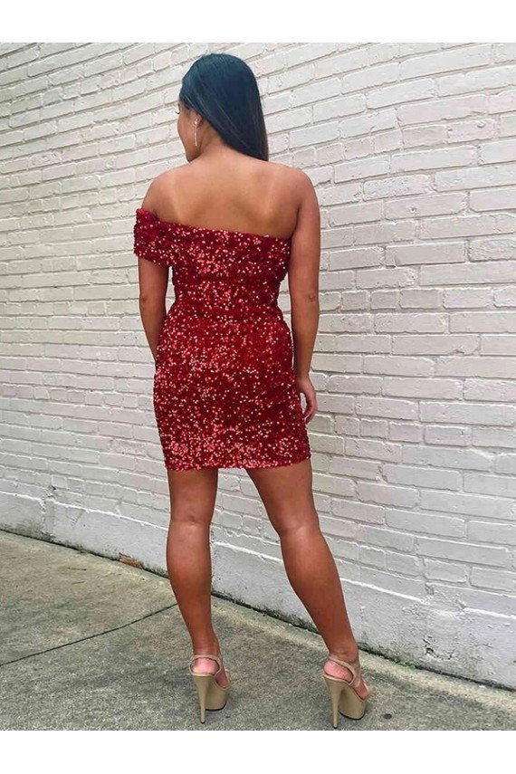 Burgundy Sheath One Shoulder Sleeveless Short Velvet Sequin Prom Dress UK