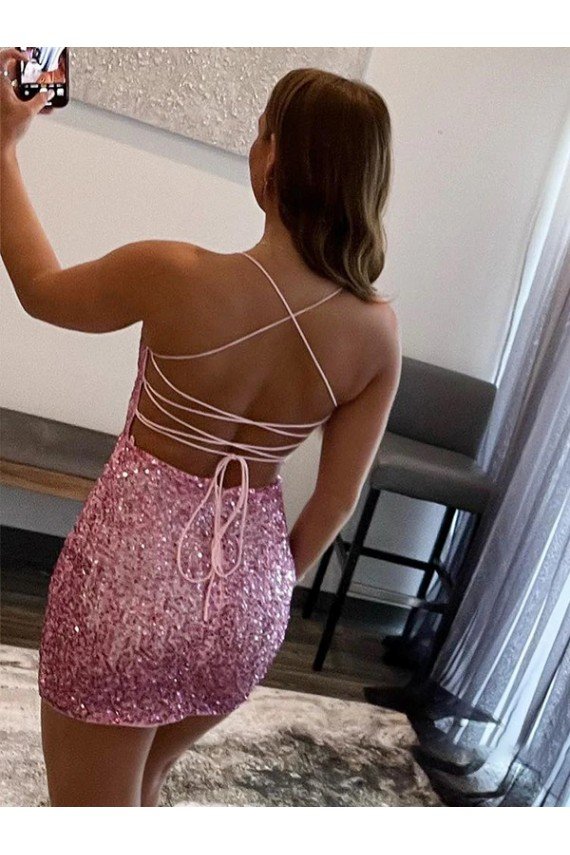 Hot Pink Sheath Spaghetti Straps Sleeveless Short Velvet Sequin Prom Dress UK