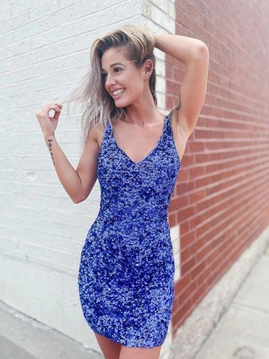 Short Velvet Sequin Blue Sheath V-Neck Sleeveless Prom Dress UK