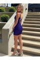 Short Royal Blue Sheath V-Neck Sleeveless Velvet Sequin Prom Dress UK