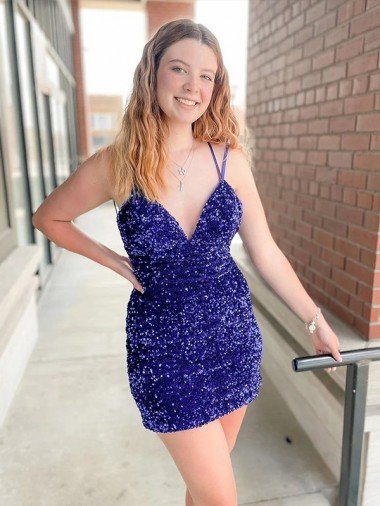 Sheath Sleeveless Short Velvet Sequin V-Neck Prom Dress UK